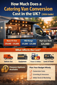Catering van conversion cost UK infographic showing basic, mid-range and high-spec build prices with factors affecting cost.