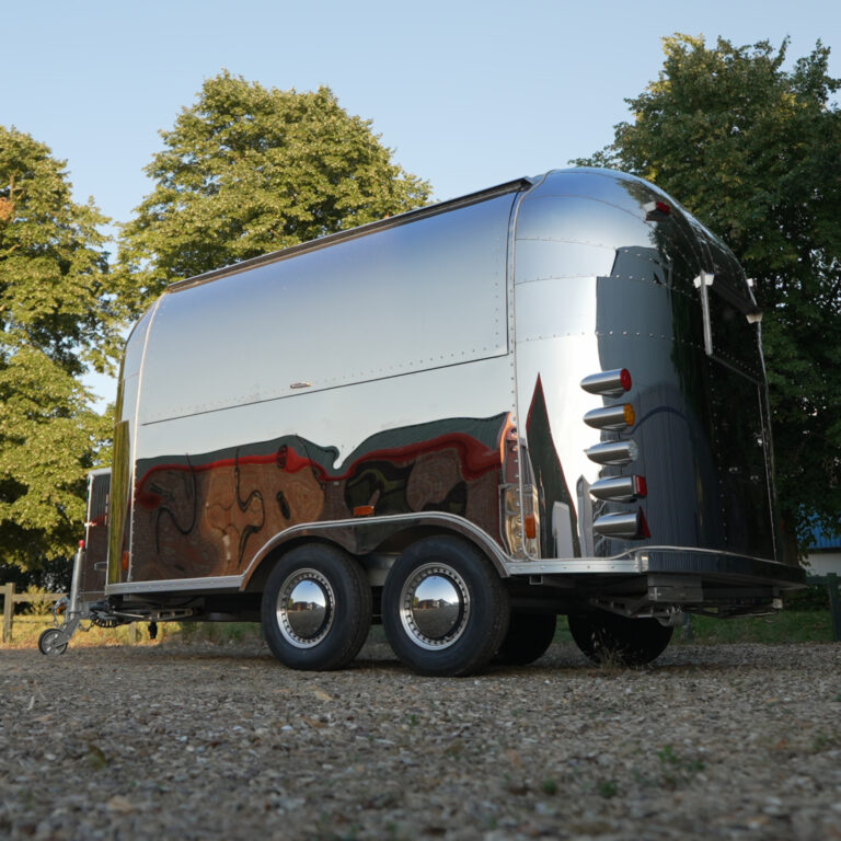 Bespoke Airstream catering trailers conversion with stainless steel interior and serving hatch