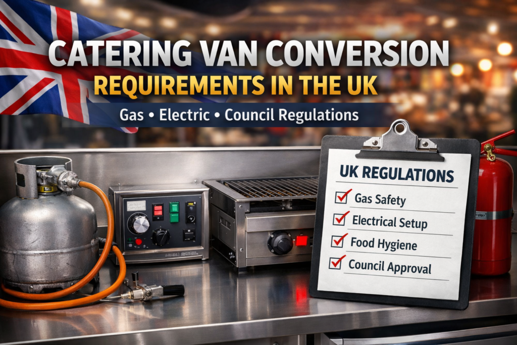 Catering van conversion requirements in the UK showing gas safety, electrical setup, food hygiene and council compliance